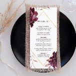 Hösten Romantik Guld Ram Burgundy Bröllop Meny<br><div class="desc">Bröllop-menyn har en vattenfärgad blomkrans av dahlier,  trädgårdsodling av ro och jordnöt i burgundrött,  maron,   rosa över höst löv med en faux guld diamantform ram. Om du vill ha en mer avancerad anpassning av den här designen klickar du på BLUE DESIGN VERKTYG. Matchande objekt är också tillgängliga.</div>