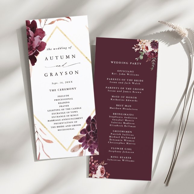 Hösten Romantik Guld Ram Burgundy Bröllop Program (Front & Back)