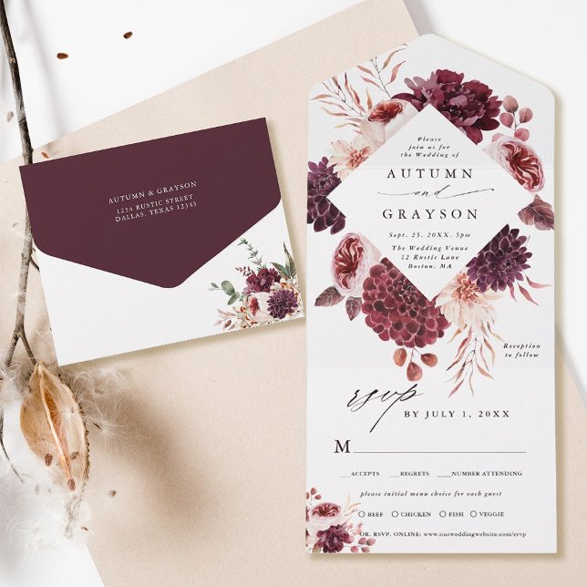 Hösten Romantik Watercolor Blommigt Bröllop (Inside & Back)