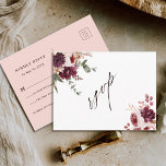 Hösten Romantik Watercolor Blommigt Bröllop OSA Vykort<br><div class="desc">Den här bröllopet OSA har vattenfärgade blombuketter av dahlier,  trädgårdsodling ro och peony i burgundröd,  maron,   rosa över höst löv. Om du vill ha en mer avancerad anpassning av den här designen klickar du på BLUE DESIGN VERKTYG. Matchande objekt är också tillgängliga.</div>