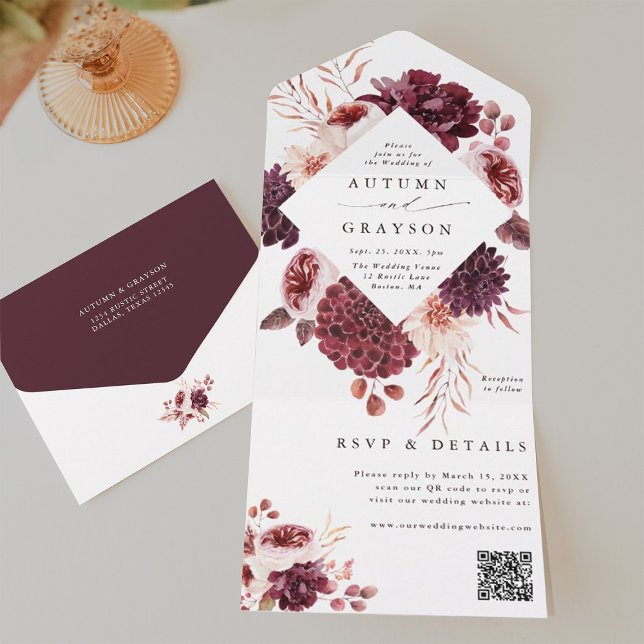 Hösten Romantik Watercolor Blommigt Bröllop QR-kod (Inside & Back)