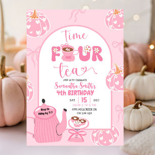 Hösten Rosa Whimsical Retro Tea Girl 4e födelsedag Inbjudningar
