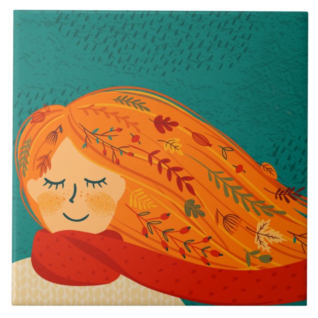 Hösten Rustic Girl Lövs and Rain Kakelplatta (Framsidan)