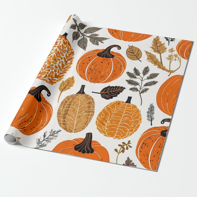 Hösten Rustic Pumpkins, Gourds och Foliage Mönster Presentpapper (Utrullad)