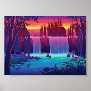 Hösten Sunset Waterfall Poster