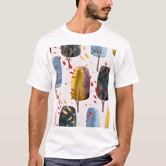 Hösten Träd: Hand Paediatric Watercolor Sömless T Shirt (Framsida)