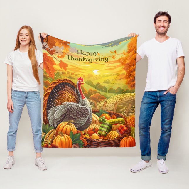 Hösten Turkiet Pumpkins Thanksgiving Fleece Blanke (På plats)