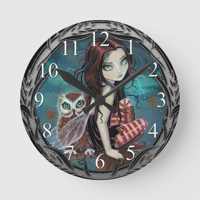 Hösten Uggla Fairy Fantasy Art Clock Rund Klocka (Framsida)