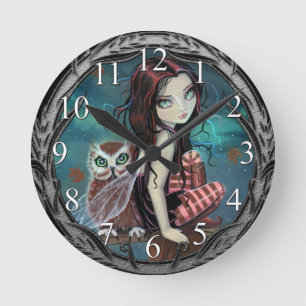 Hösten Uggla Fairy Fantasy Art Clock Rund Klocka