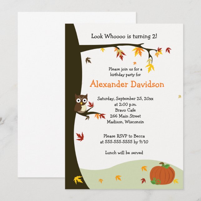 Hösten Uggla i Träd-födelsedagsinbjudan 5 x 7 Inbjudningar (Fram/baksida)