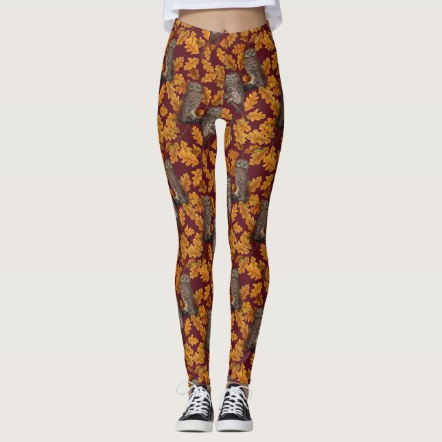 Hösten uggla på mörk röd leggings (Framsida)