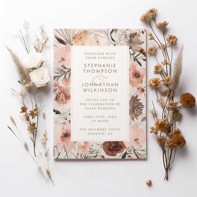 Hösten Watercolor Boho Blommigt Bröllop Inbjudningar (Autumn Watercolor Boho Floral Wedding Invitation)