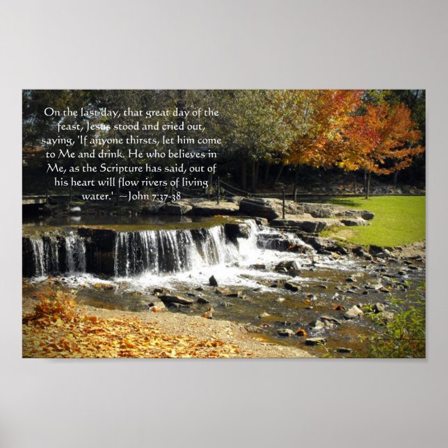 Hösten Waterfall Scene John 7:37 Bible Verse Poster (Framsidan)