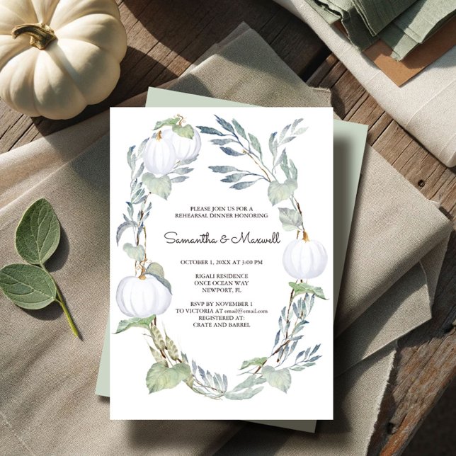 Hösten WHITE PUMPKIN Greenery Rehearsal Middag Inbjudningar (White pumpkin rehearsal dinner invitations for fall weddings by VG Invites)