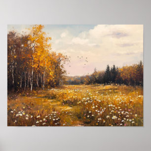 Hösten Wildblomma Fält Landcape Painting, Vintag Poster