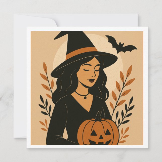 Hösten Witch med Pumpkin | Vintage Halloween Inbjudningar (Framsida)