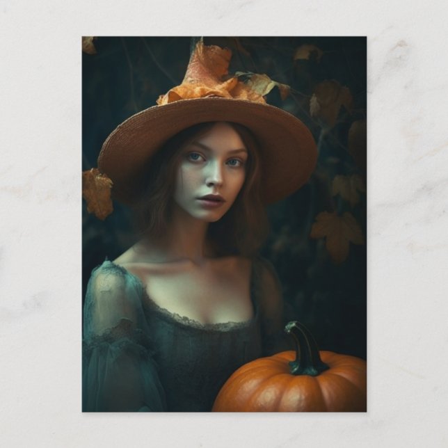 Hösten Witch och Pumpkin Vykort (Framsida)
