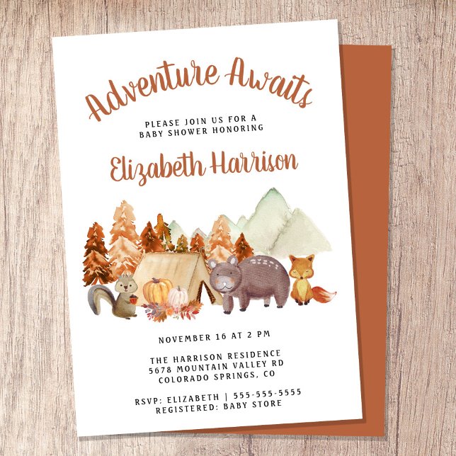 Hösten Woodland Animals Äventyr Baby Shower Inbjudningar (Embrace the adventure and celebrate the arrival of your little autumn baby!)