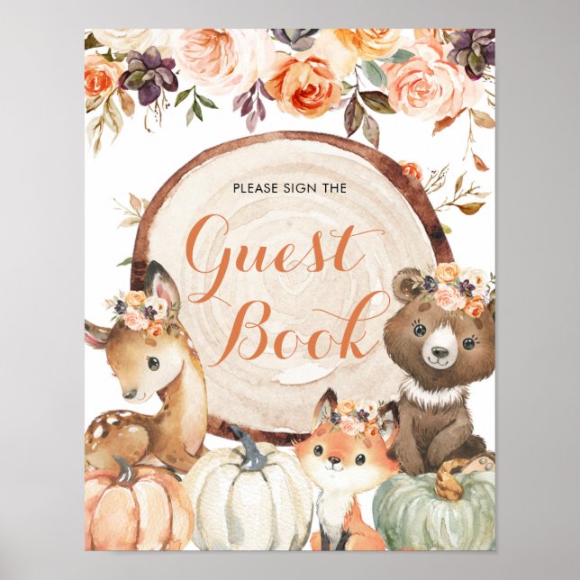 Hösten Woodland Girl Baby Shower Guest Bok Poster (Framsidan)