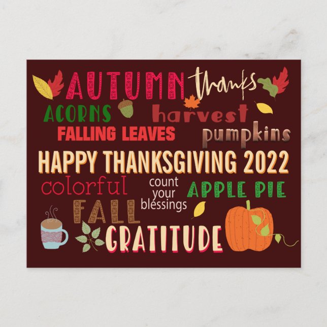 Hösten WordArt Happy thanksgiving 2022 Brown Vykort (Framsida)