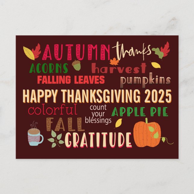 Hösten WordArt Happy thanksgiving 2024 Brown Vykort (Framsida)
