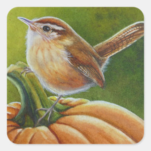 Hösten Wren Bird on Orange Pumpkin Watercolor Art Fyrkantigt Klistermärke