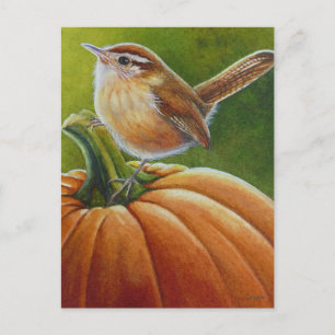 Hösten Wren Bird on Orange Pumpkin Watercolor Art Vykort