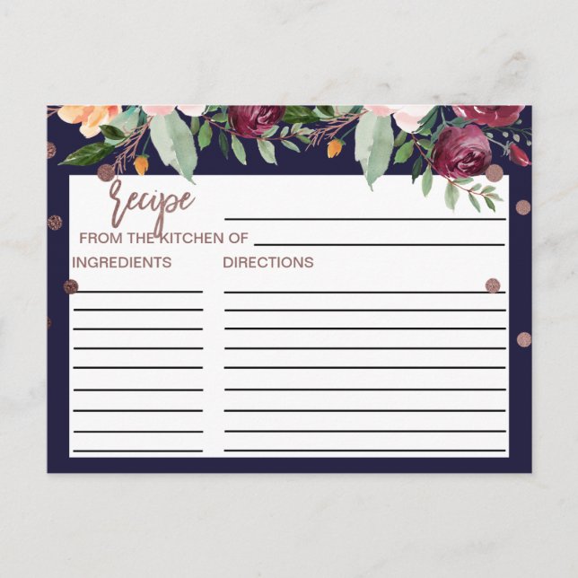 Höstens blommiga roséguld bröllopsfest receptkort vykort (Framsida)