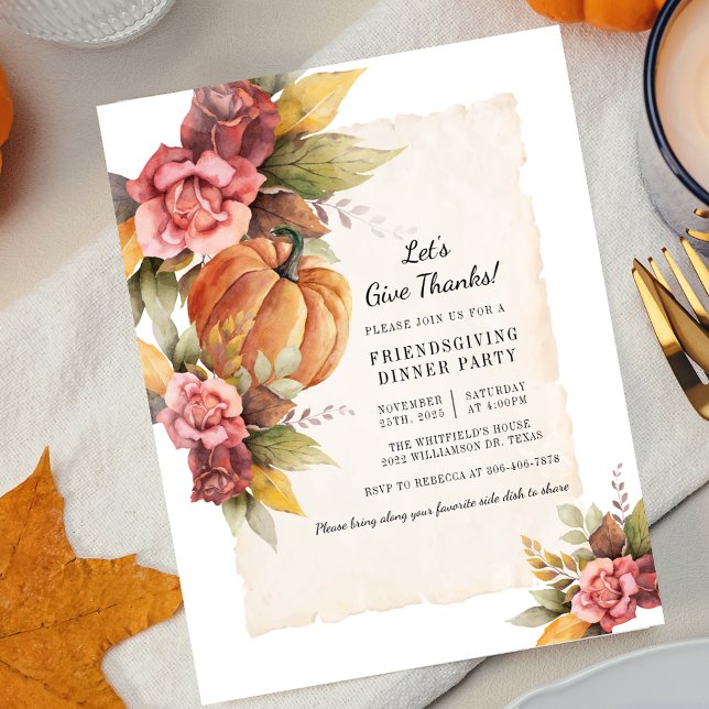 Höstens blomster rustika pumpa Friendsgiving Inbjudningar (Lets Give Thanks Thanksgiving Dinner Floral Pumpkin Invitation)
