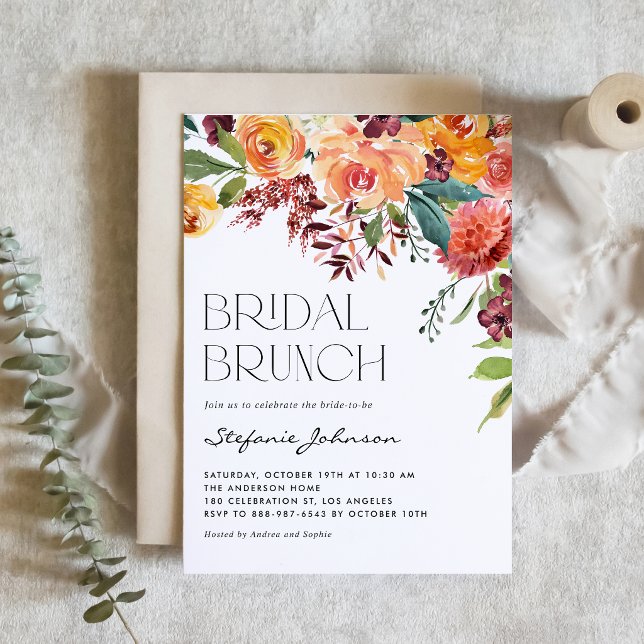 Höstens blomsterbukett QR-kod Bröllopsbrunch Inbjudningar (Customizable QR code bridal brunch invitation featuring beautiful watercolor autumn flowers.)