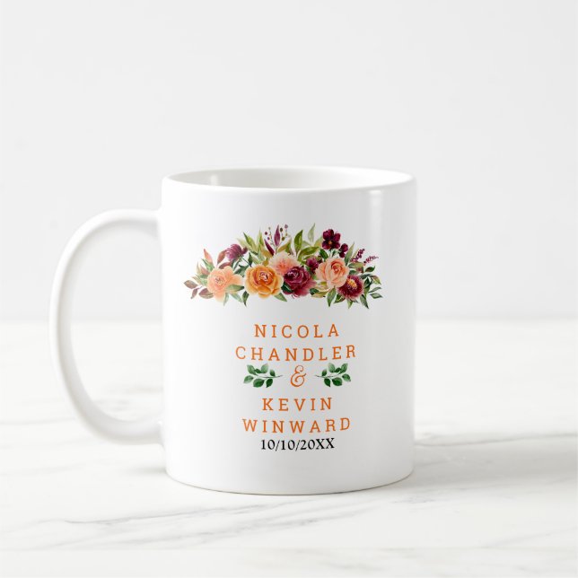 Höstens Burgund och Orange Blommig Bröllop Kaffemugg (Vänster)