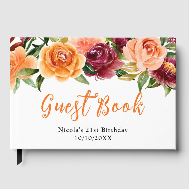 Höstens Burgund och Orange Blommor Födelsedag  Gästböcker (Framsida)