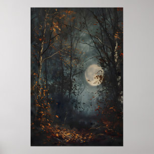 Höstens fullmåne Mörk Skog Konsttryck, Mörkt Cotta Poster
