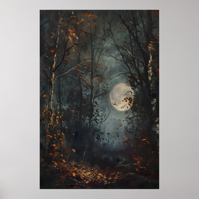 Höstens fullmåne Mörk Skog Konsttryck, Mörkt Cotta Poster (Framsidan)