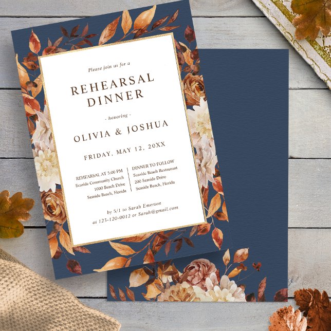 Höstens Navy repetition middag Inbjudningar (Autumn Watercolor Floral  Navy Blue Rehearsal Dinner Invitation by Painted Paperie
)