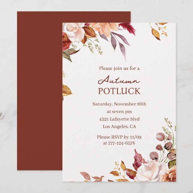 Höstens Potluck-inbjudan | Akvarell Höst Inbjudningar (Fram/baksida)