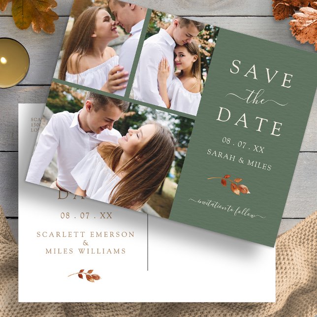Höstens Salvia Grön Foto Spara Datum Meddelande Vykort (Autumn Sage Green Photo Collage Save The Date Announcement Postcard by Painted Paperie
)