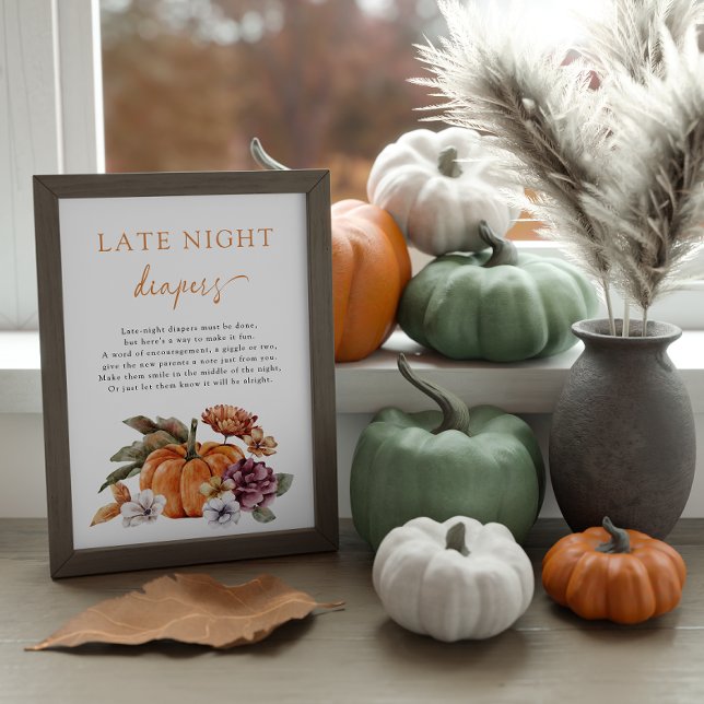 Höstens sena natt blöjaaffisch poster (Late Night Diapers Game Sign Baby Shower Fall Pumpkins)