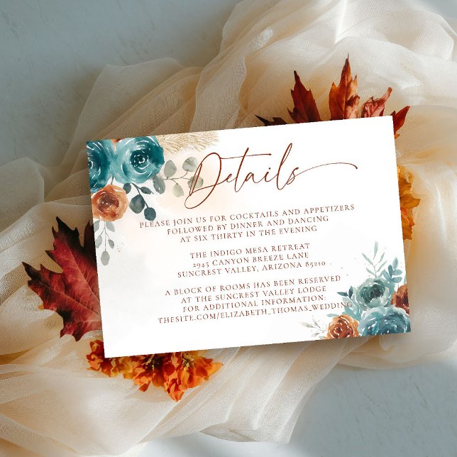 Höstens Teal Bränt Orange Boho Bröllopsdetaljer Tilläggskort (fall in love wedding details card teal burnt orange terracotta watercolor floral botanical earthy)