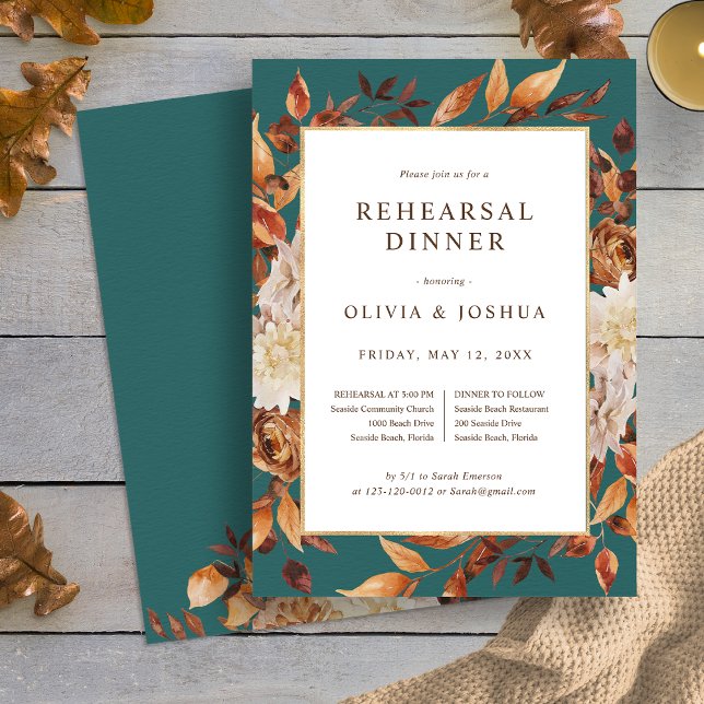 Höstens Teal Repetitionsmiddagsinbjudan Inbjudningar (Elegant Fall Leaves Teal Rehearsal Dinner Invitation by Painted Paperie
)