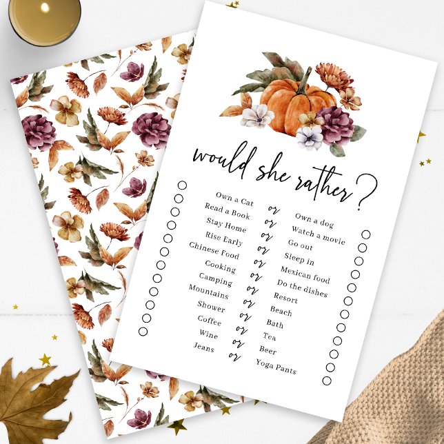 Höstens "Would She Rather"-spel (Fall Would She Rather Game Fall In Love Bridal Shower Pumpkin Florals by Painted Paperie)