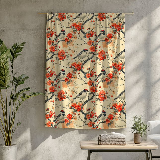 Höstfågelblad med Rustic Blommigt-accenter Fleecefilt (Autumn Birds Blanket with Rustic Floral Accents)
