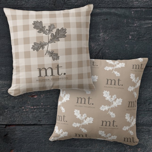 Höstfälla Initialer Kudde (Autumn Fall Taupe Plaid Modern Monogram Initials Throw Pillow)