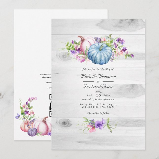 Höstfallande Blommigt Rustic Land QR-koden Bröllop Inbjudningar (Fram/baksida)