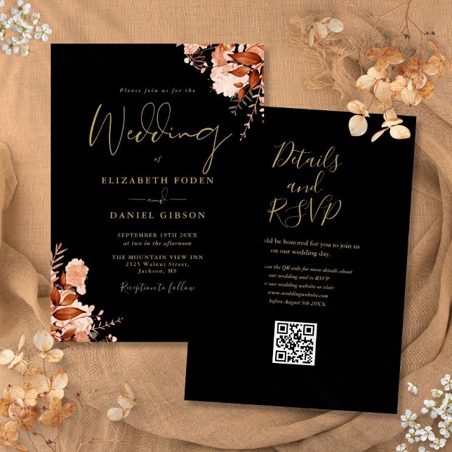 Höstfallande svart och Guld QR-kod Bröllop Inbjudningar (Autumn Fall Black And Gold QR Code Wedding Invitation)