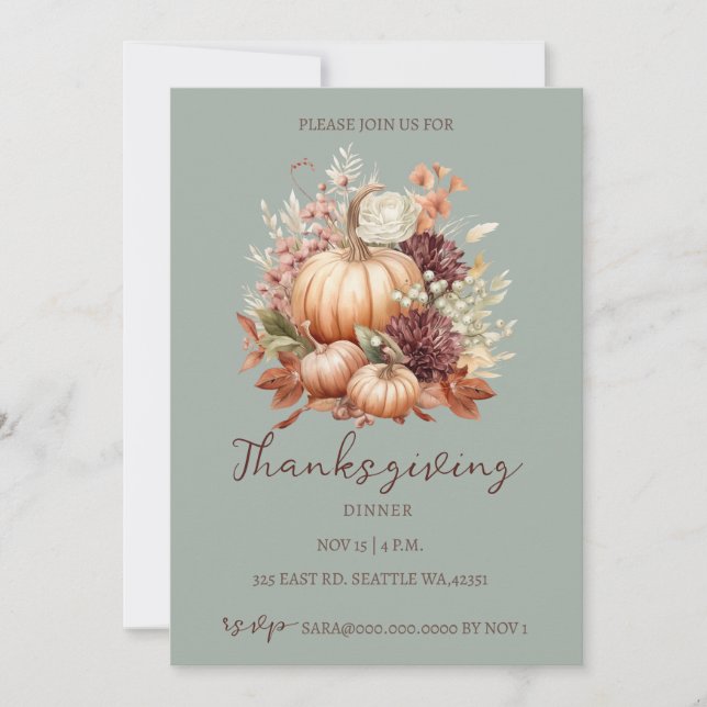 Höstfällning, Blommigt, Thanksgiving Dinner Inbjudningar (Framsida)