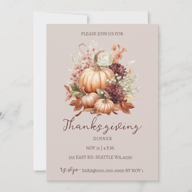 Höstfällning, Blommigt, Thanksgiving Dinner Inbjudningar (Framsida)