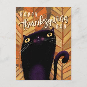 Höstfällning för svart katt i happy thanksgiving vykort