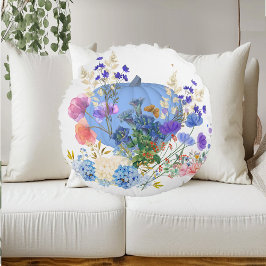 Höstfällning Pumpkin Pastel Blue Botanical Blommig Rund Kudde