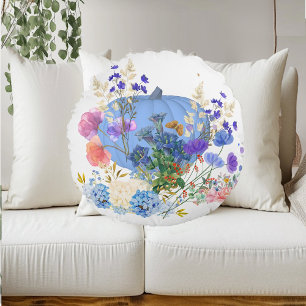 Höstfällning Pumpkin Pastel Blue Botanical Blommig Rund Kudde